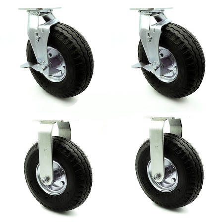 Service Caster 10 Inch Black Pneumatic Wheel Caster Swivel with Brakes and 2 Rigid SCC, 2PK SCC-100S3504-PNB-TLB-2-R3504-2